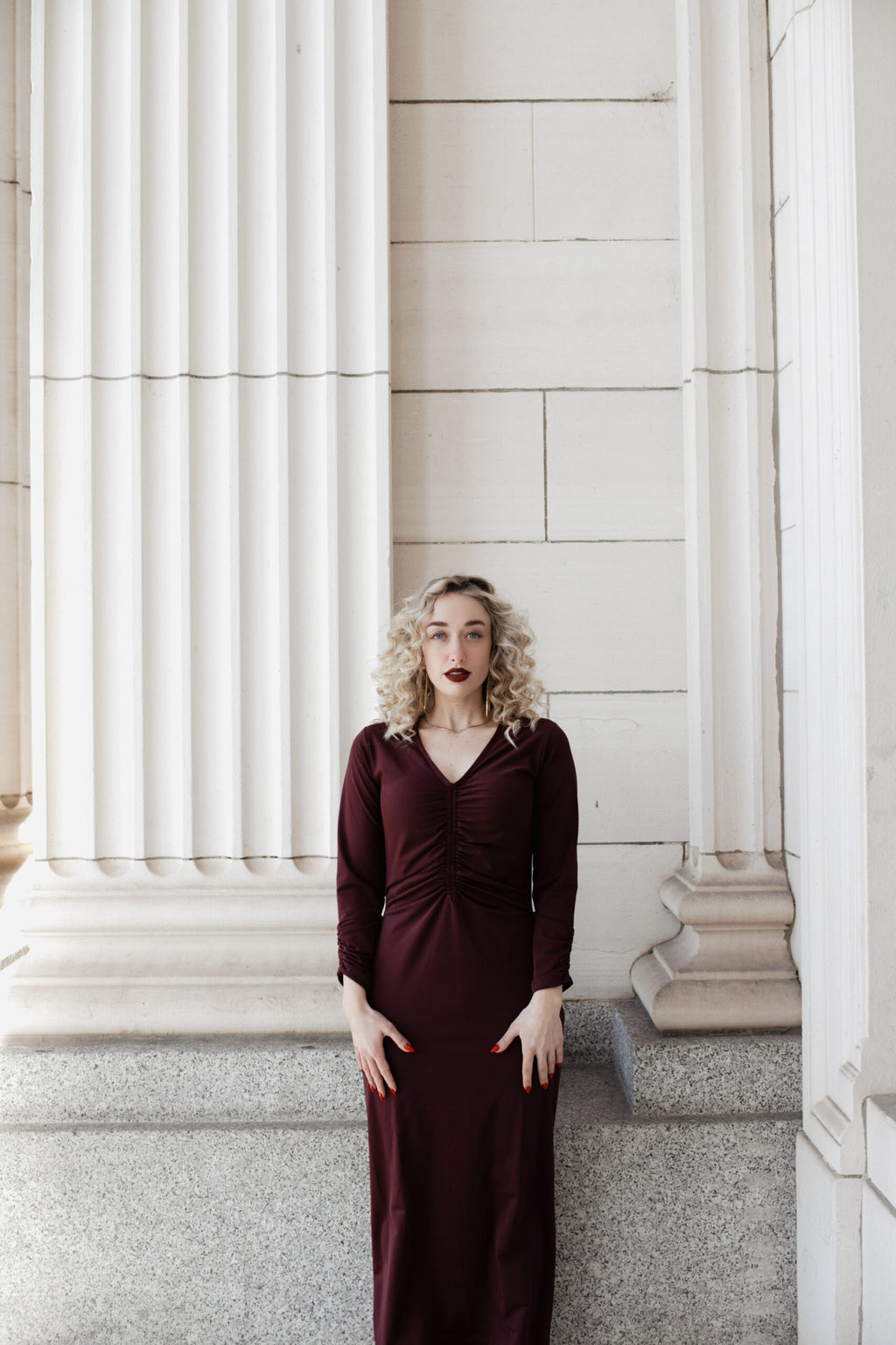 Ruched Dress: Cranberry