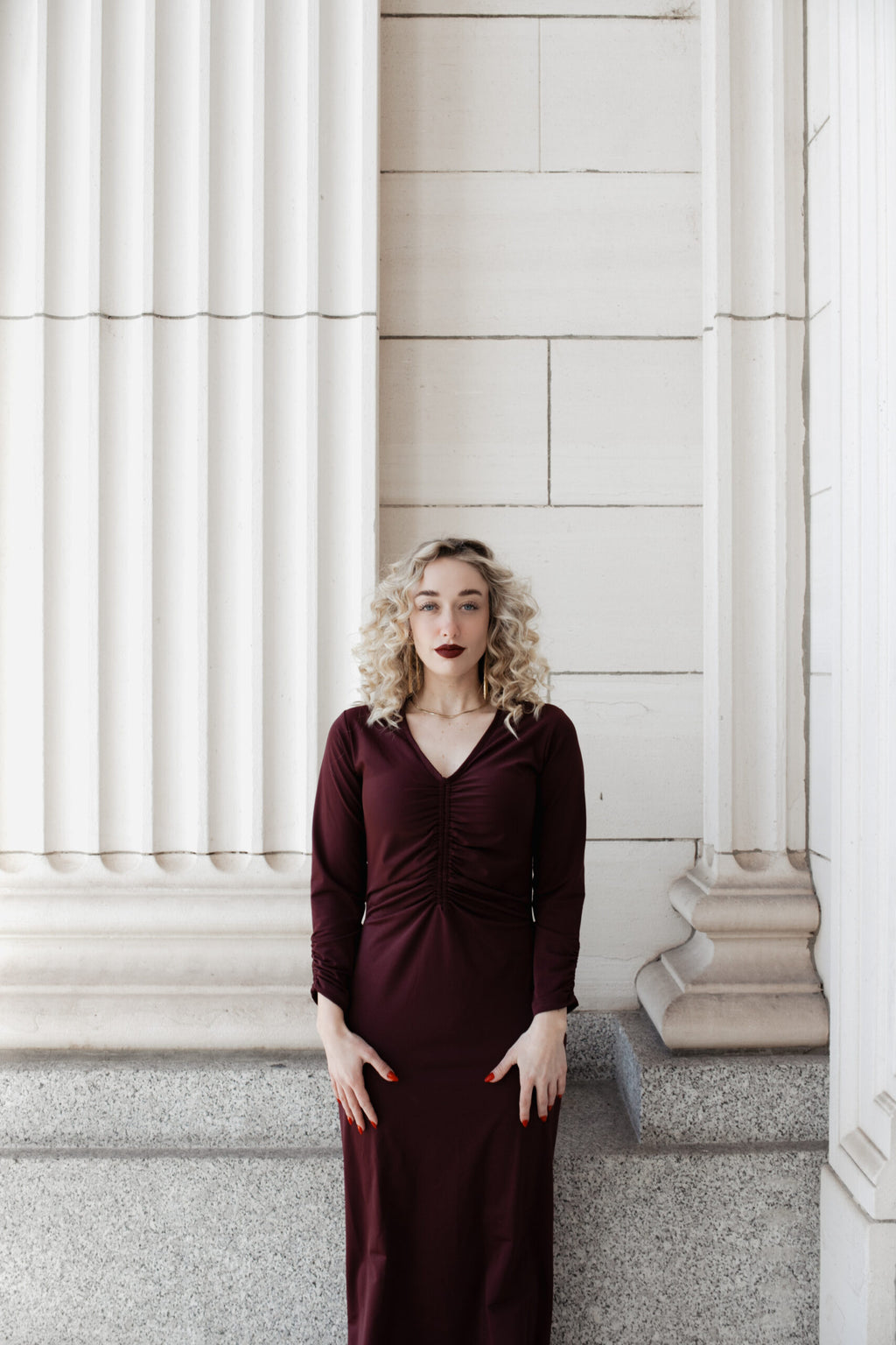 Ruched Dress: Cranberry